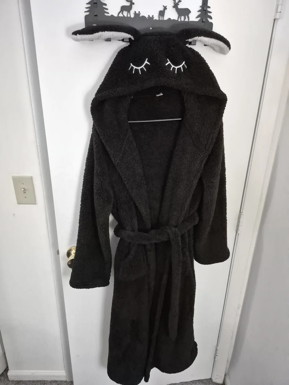 Cozy Black Plush Hooded Bathrobe with Ears